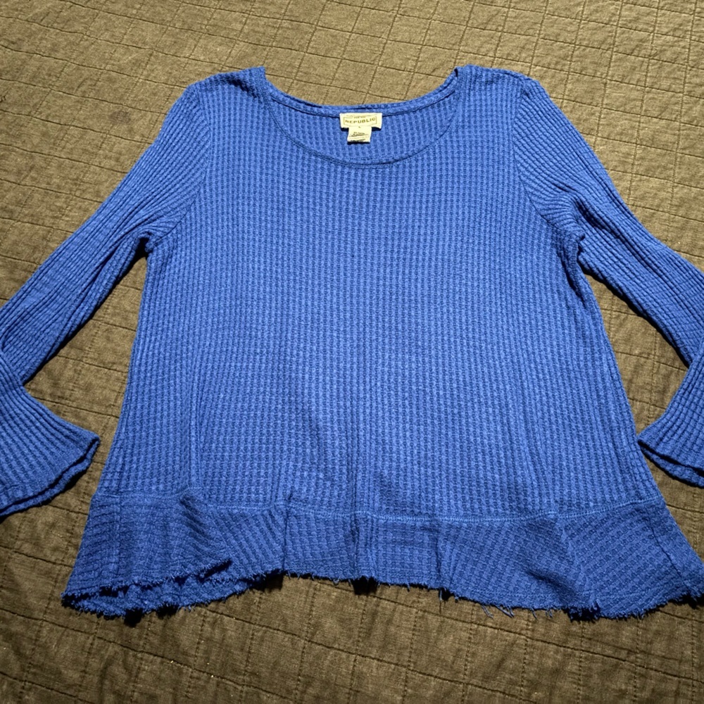 For‎ the Republic Royal Blue Waffle Knit Thermal Top Raw Hem Long Sleeve Large